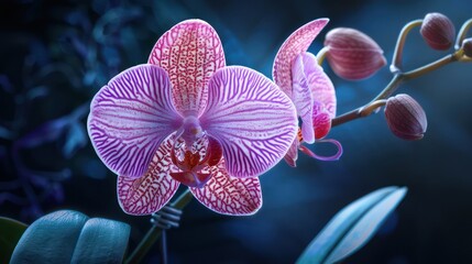 Vibrant Phalaenopsis orchid in bloom, surrounded by budding stems, leaves.