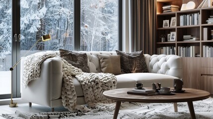 Modern sofa with blanket by window, coffee table, and bookcase in a cozy winter interior scene