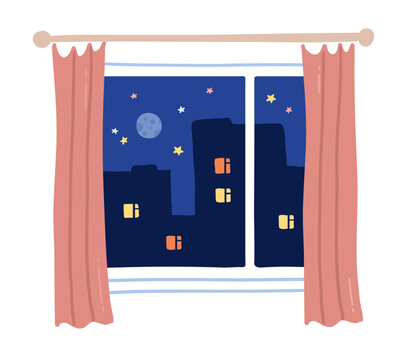 Color vector illustration of window with curtains and night city