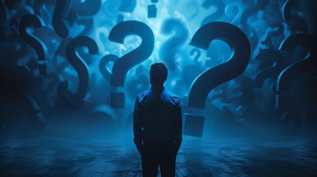 A man stands in front of a wall of many questions