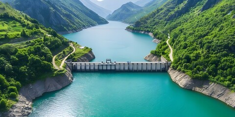 Obraz premium Hydroelectric Plant Harnesses Renewable Energy and Sustainability in a Tranquil Valley. Concept Sustainability, Renewable Energy, Hydroelectric Power, Tranquil Valley, Environmental Impact