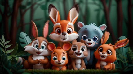 Naklejka premium A group of forest animals, including a bunny, fox, and bear, gather together for a fun afternoon