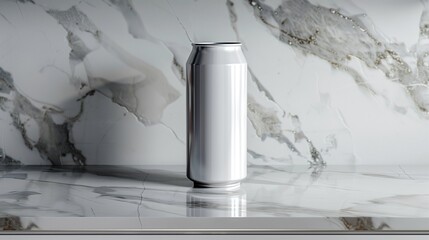 A blank soda can mockup standing upright on a sleek marble countertop, with subtle reflections and natural light highlighting its surface.