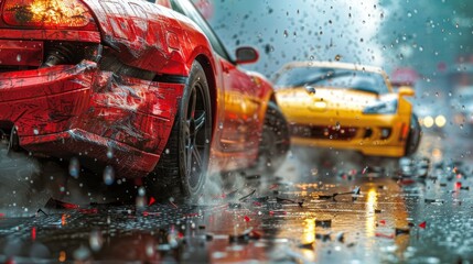 Red and yellow cars collide head-on on wet road, crumpling front ends, showing severity of crash in smoky scene.
