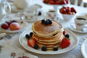 Delicious Breakfast Spread with Pancakes, Fresh Fruit, Coffee - Ideal for Food Photography & Print Designs