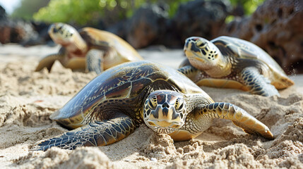 Fototapeta premium fauna silvestre tortuga marina desovando en las playas en la orilla del mar en la arena especies amenazadas