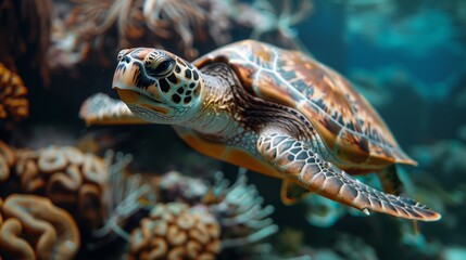 A sea turtle gracefully swims through a colorful coral reef