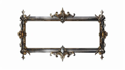 Rectangular ornate frame with a dark, possibly metallic base color, accented with gold and silver tones, and decorated with intricate scrollwork, floral motifs, and a central crest-like emblem