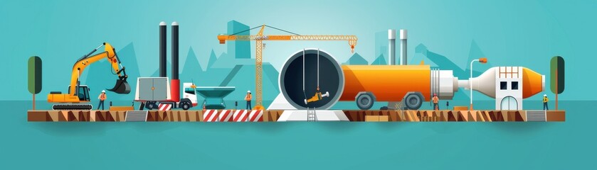 Illustration of industrial construction site with various machinery, including digger, truck, and crane, working on a tunnel project.