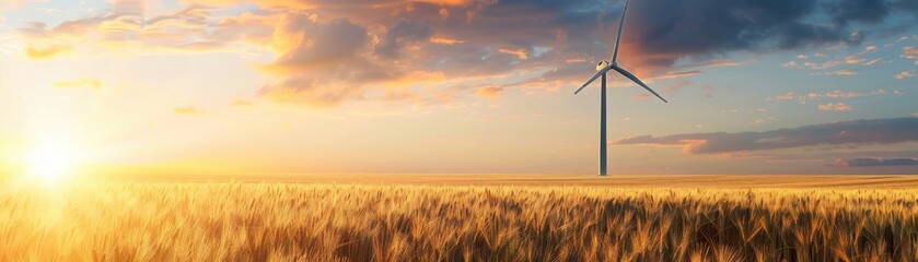 Fototapeta premium Golden wheat field at sunrise with a wind turbine in the background, representing renewable energy and natural beauty.