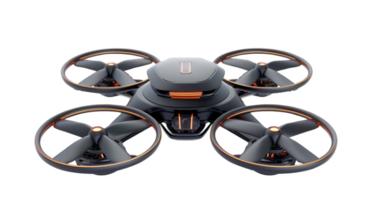 Modern quadcopter drone with sleek design and orange accents, featuring four propellers for enhanced stability and performance.