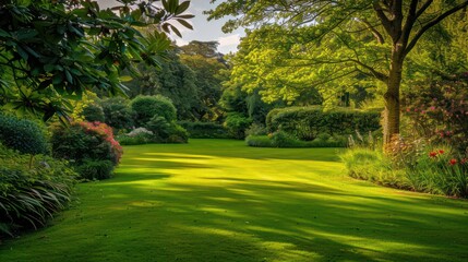 Serene lush green garden with trees and vibrant flowering bushes
