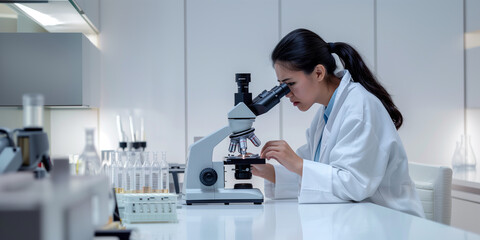 Female scientist in a laboratory researching with a microscope.