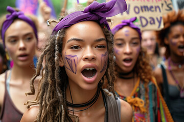women demonstrating on Women's Day, 8M, for gender equality and equal rights. 