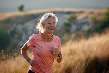Mature woman doing sports, running and jogging, wellness and healthy living.  