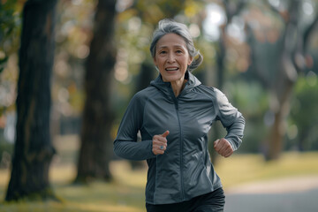 Mature woman doing sports, running and jogging, wellness and healthy living.  