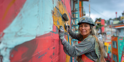 Mature latina woman painting a wall with a roller in her hand