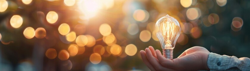 Hand holding a glowing light bulb amidst a beautiful sunset with bokeh background; symbolizes creativity, inspiration, and innovation.