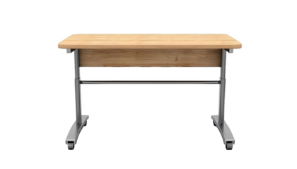 Modern wooden office desk with metal frame, isolated on white background. Ideal for workspace, home office, or study room setup.