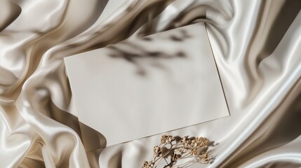 A minimalist composition of a blank white paper card resting delicately on satin fabric, adorned...