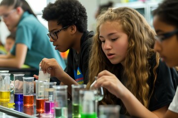 high school students conducting science experiments, diverse students in colorful science class