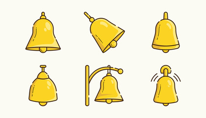 Traditional Metal Bell Illustration Set with Outline in Six Various Styles and Positions