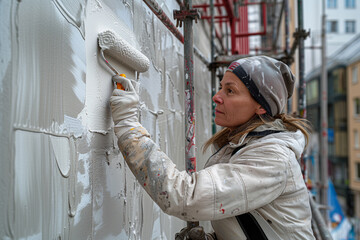 Mature latina woman painting a wall with a roller in her hand.