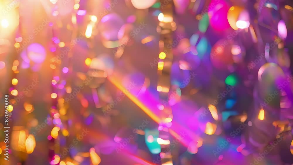 Poster sparkling streamers catching the sunlight creating a rainbow effect.