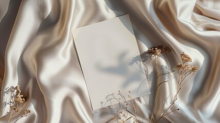 A minimalist composition of a blank white paper card resting delicately on satin fabric, adorned with dried flowers. Soft natural light highlights the textures and elegance of the arrangement.