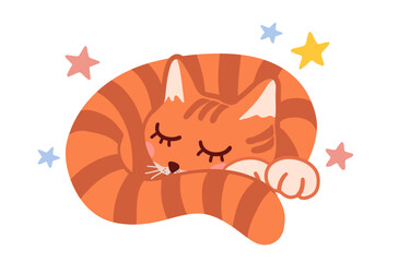 Color vector illustration of cute sleeping red tabby Cat curled up in a ball