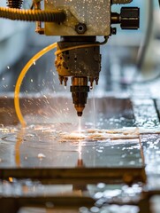 Industrial water jet cutter processing thick materials.