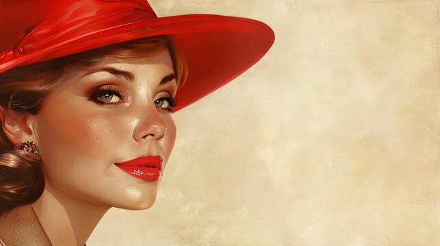 Glamorous woman wearing red hat with vintage style, elegance concept