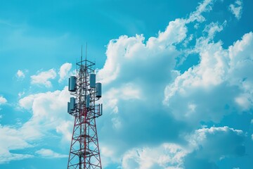 high antenna blue sky Background image shows a 5G global network tech. ai generative