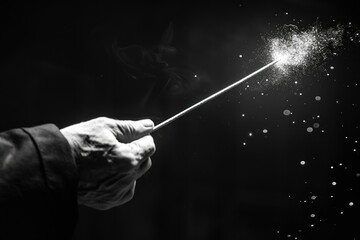 High contrast image of magician hand with magic wand. ai generative
