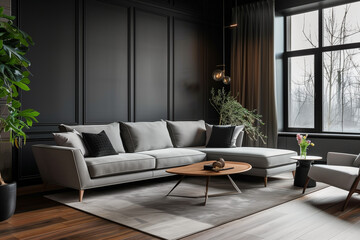 Modern black living room with sofa