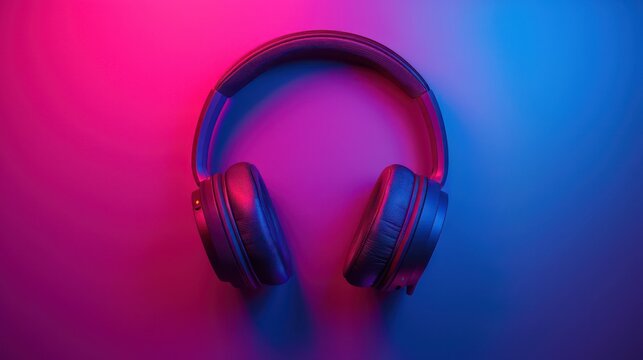 Over-ear headphones with neon blue and pink lighting on a table
