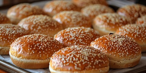 Fresh sesame seed burger buns in a baking tray, concept of bakery products, food photography
