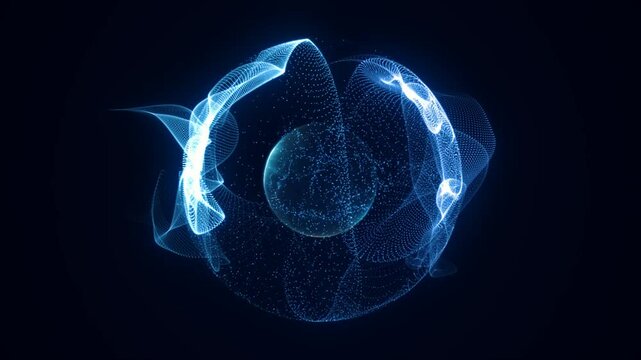 Abstract blue bright glowing background with a sphere core atom energy burning ball circle made of waves of energy rays and plasma with light video in high quality 4k, motion design