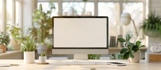 Fototapeta premium A computer monitor sits on a desk in front of a window with potted plants by AI generated image