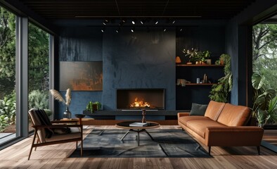 Fototapeta premium A living room with a fireplace, a sofa, and a rug. AI.