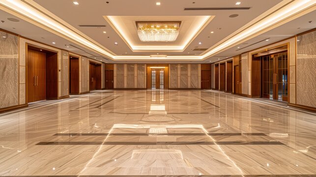 Luxurious hotel lobby with marble floors and elegant lighting design.
