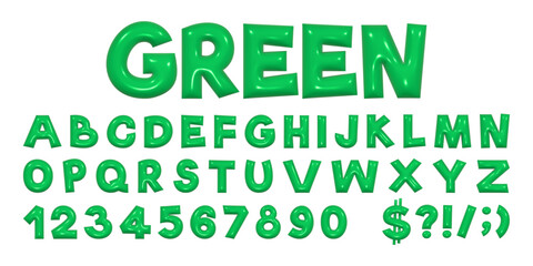 Fototapeta premium Green playful alphabet in Y2K style. 3D rendering of plump letters, plastic glossy reflective texture. Vector illustration.