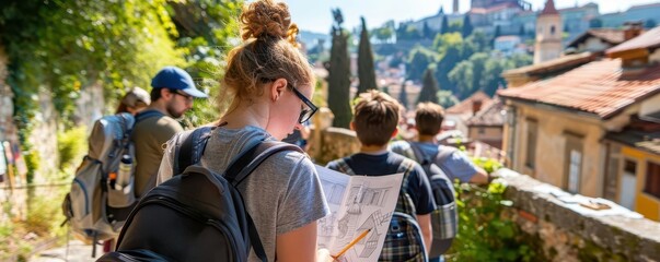 Fototapeta premium Students sketching historic architecture in a European city, Field trip, educational travel,