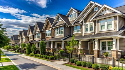 Street of brand new residential triplex houses ready for moving in