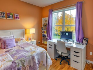 Obraz premium Cozy home office with a view of the fall foliage. AI.