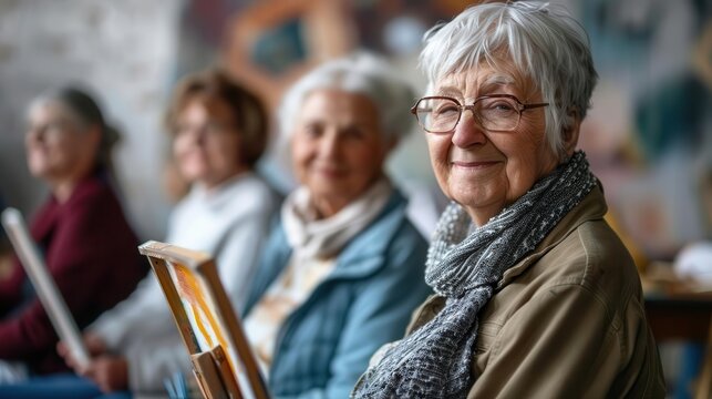 Elderly friends attending a painting class, retirement, learning new skills,