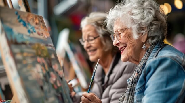 Elderly friends attending a painting class, retirement, learning new skills,
