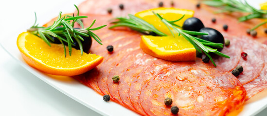 A plate of cold meat with a slice of orange on top