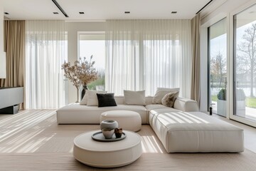 Fototapeta premium Modern Living Room with Minimalist Decor and Large Windows Flooded with Natural Light
