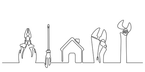 Obraz premium working tools craftsman top view continuous line drawing